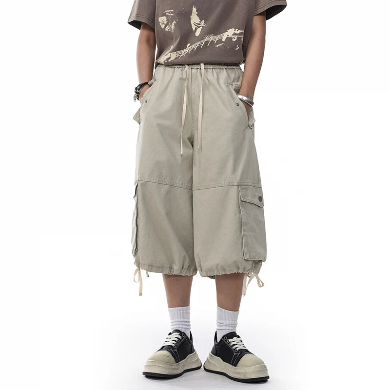 Unisex Wide-Leg Cargo Pants – Washed Cotton Baggy Calf-Length Streetwear Trousers
