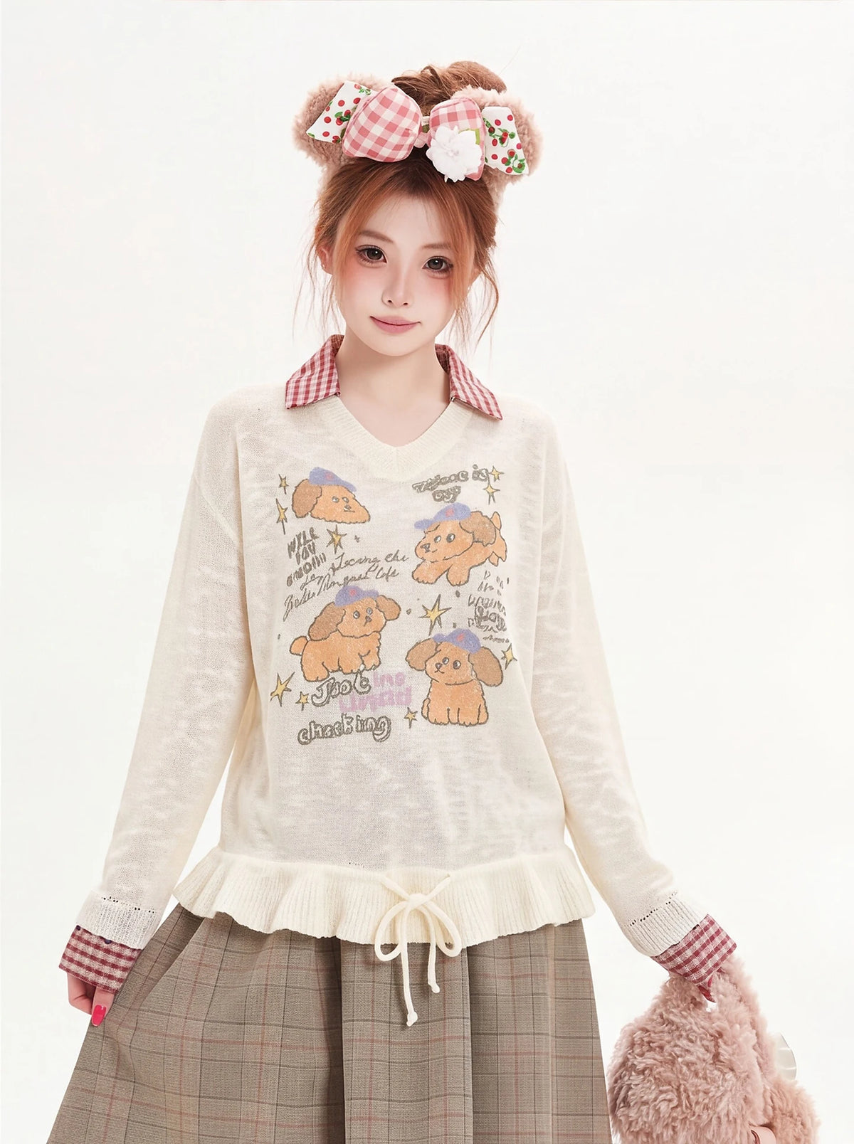 Women’s Cartoon Dog Print T-Shirt – Long Sleeve Drawstring Waist Casual Sun Protection Top