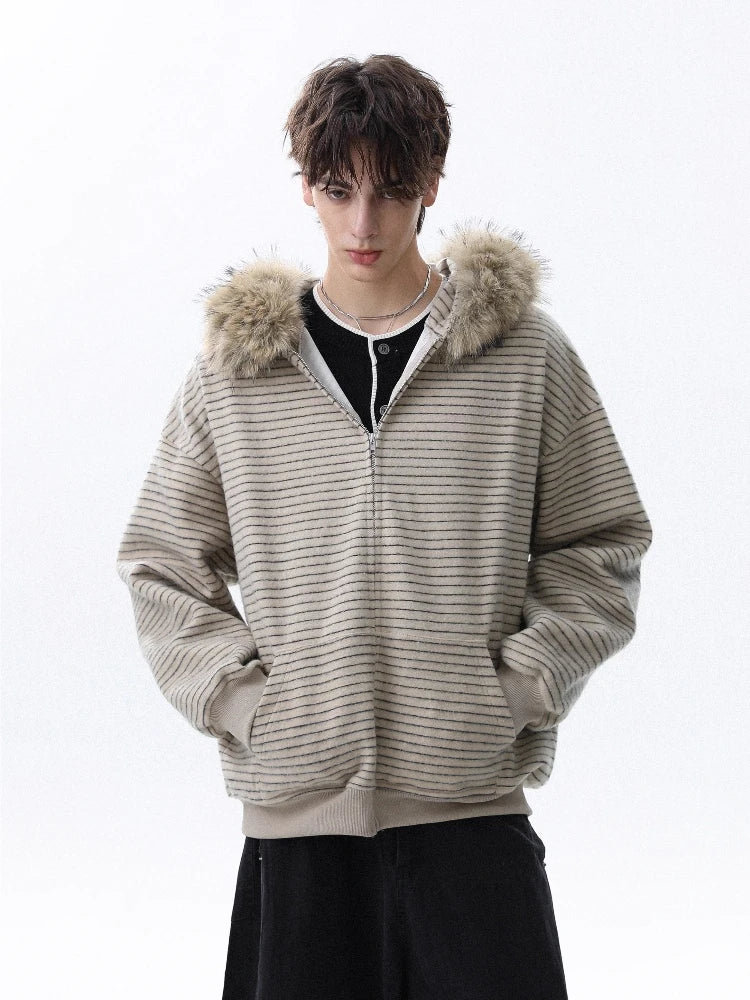 Women’s Y2K Faux Fur Collar Hooded Jacket – Retro Harajuku Streetwear Loose Casual Coat