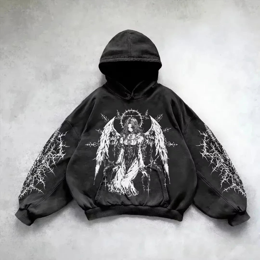 Y2K Gothic Graphic Hoodie – Loose Fit Grunge Punk Sweatshirt | Men’s & Women’s Streetwear