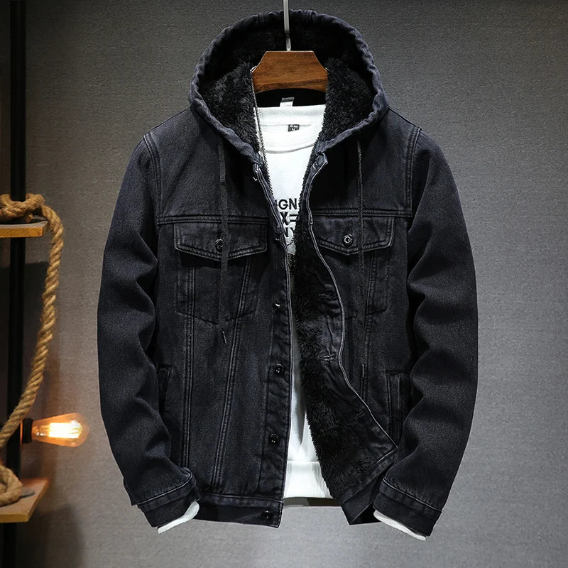Men's Winter Hooded Denim Jacket – Fleece Thick Thermal Warm Coat