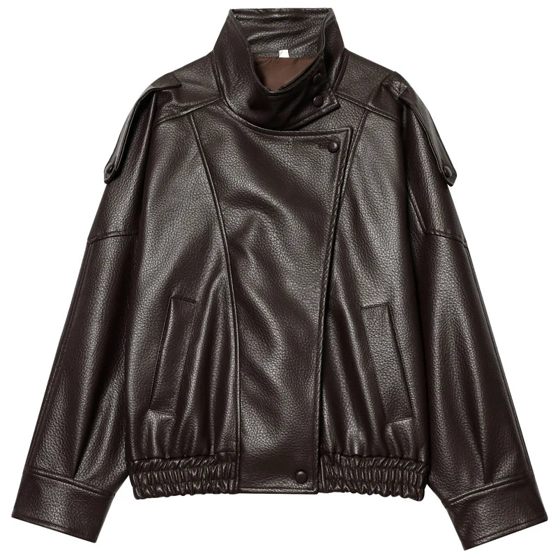 HXAO Women’s Faux Leather Bomber Jacket – Cropped Oversized Zip-Up Coat
