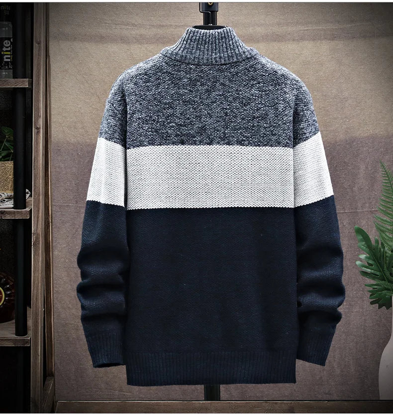 Men’s Winter Fleece Cardigan – Zipper Knit Sweater, Striped Casual Jacket