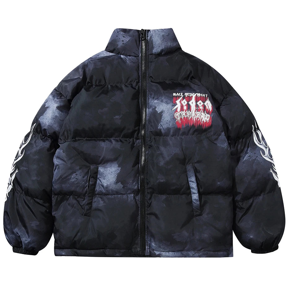 Men’s Y2K Oversized Puffer Parka – Letter Graphic Tie-Dye Winter Jacket, Warm Hip Hop Streetwear