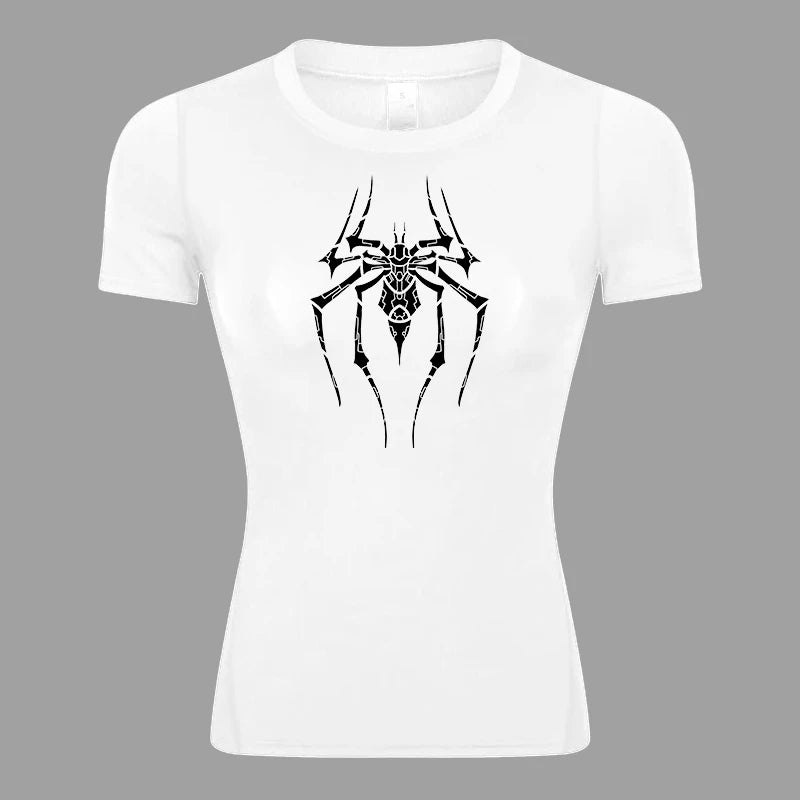 Women’s Spider Print Compression Shirt – Short Sleeve Athletic Top for Running, Gym & Yoga