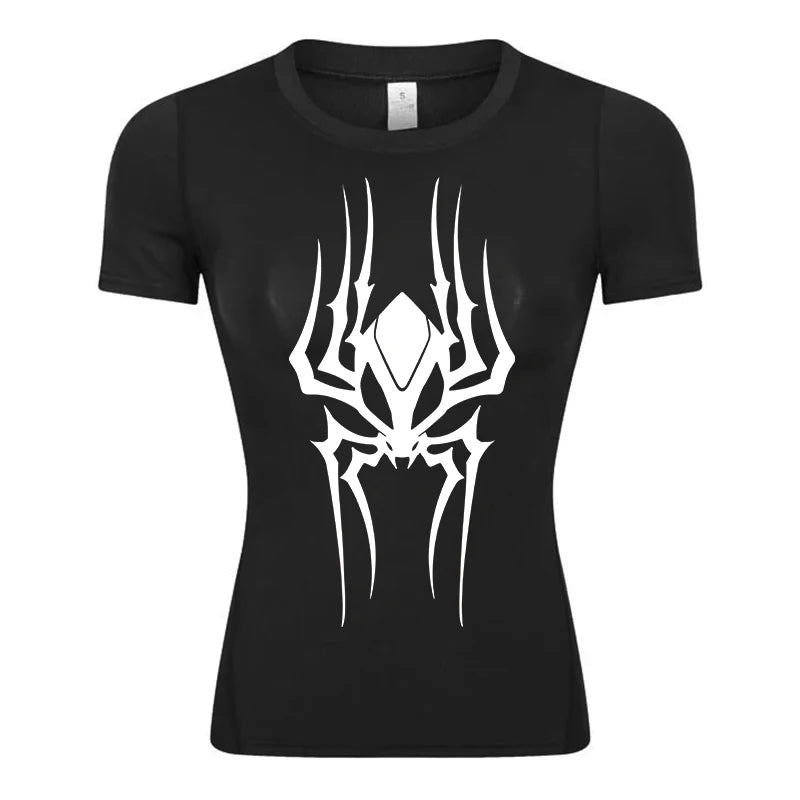 Women’s Spider Print Compression Shirt – Short Sleeve Athletic Top for Running, Gym & Yoga