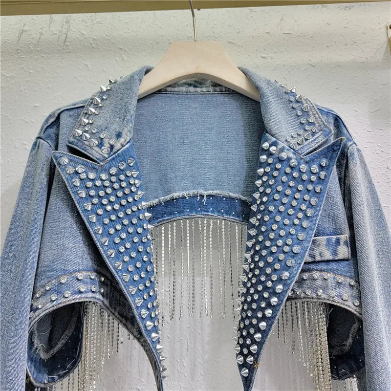 Rhinestone Beaded Tassels Rivets Denim Jacket Short Backless Jeans Coat