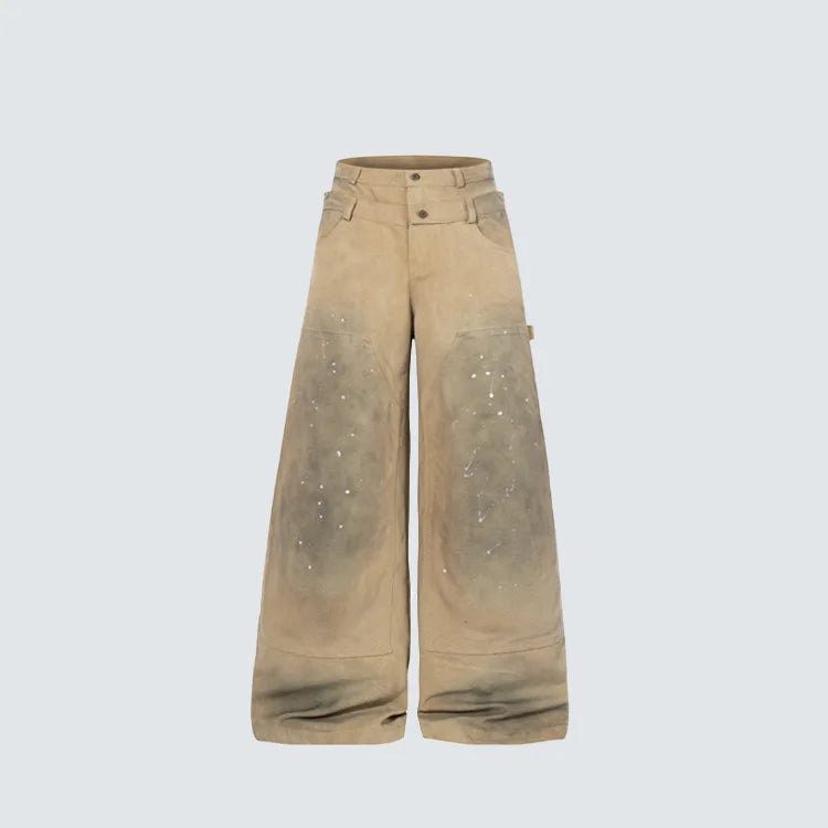 PFNW Men’s Splatter Paint Workwear Jeans – Double-Waist Distressed Washed Loose-Fit Denim | American Streetwear