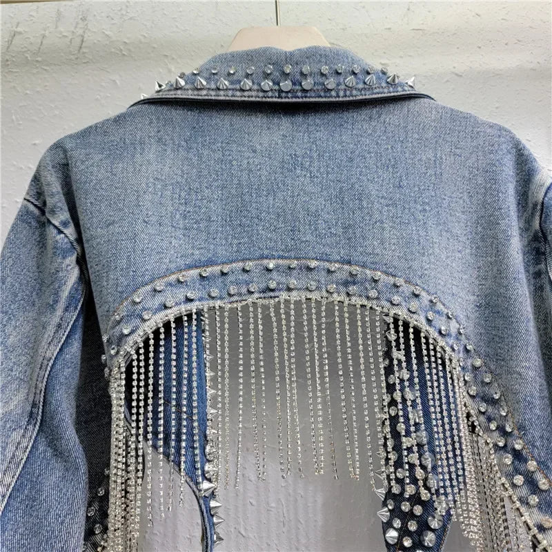 Rhinestone Beaded Tassels Rivets Denim Jacket Short Backless Jeans Coat