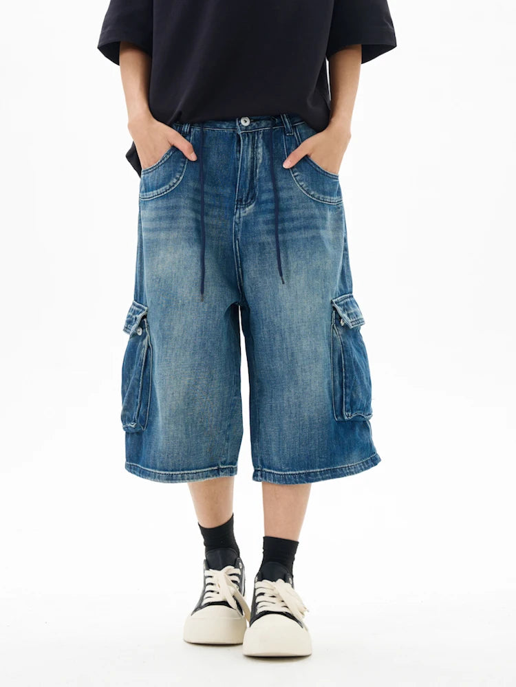 Men’s Washed Denim Cropped Pants – Loose Wide-Leg Multi-Pocket Streetwear Jeans