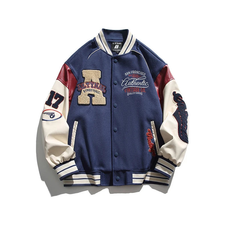 Men’s Embroidered Baseball Jacket – Casual Spliced Windbreaker Coat, Stylish Autumn Outdoor Streetwear Jacket