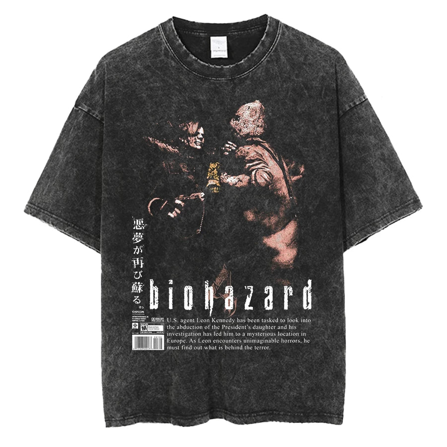 Unisex Leon Kennedy Graphic T-Shirt – Oversized Vintage Washed Cotton Tee | Retro Biohazard-Inspired Streetwear