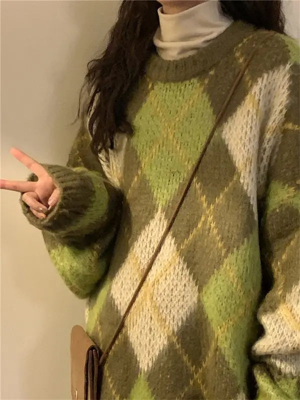 Women's Retro Argyle Pullover Sweater – Harajuku BF Style Oversized Knit