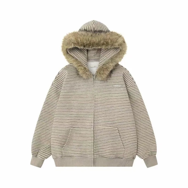 Women’s Y2K Retro Hooded Coat – Striped Loose Jacket with Detachable Faux Fur Collar, Harajuku Gothic Style