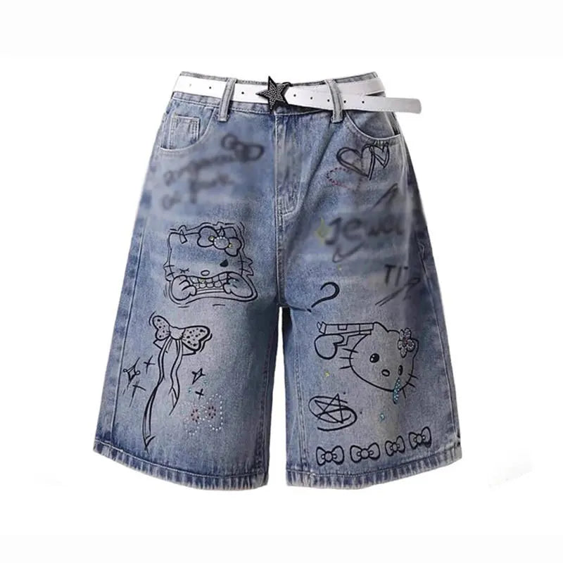Women’s Retro Graffiti Denim Shorts – Loose Wide-Leg Five-Point Jeans | American Streetwear Summer