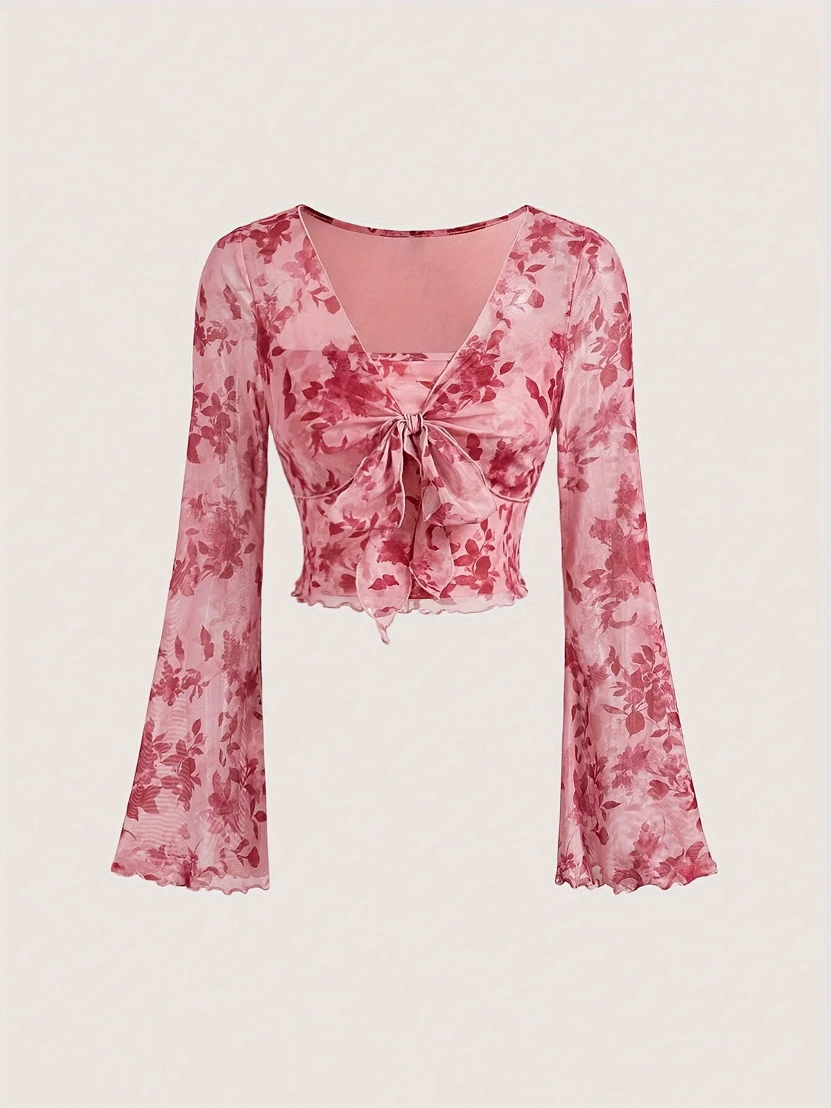 Women’s Y2K Floral V-Neck Top – Mesh Flare Sleeve Lace-Up Shirt