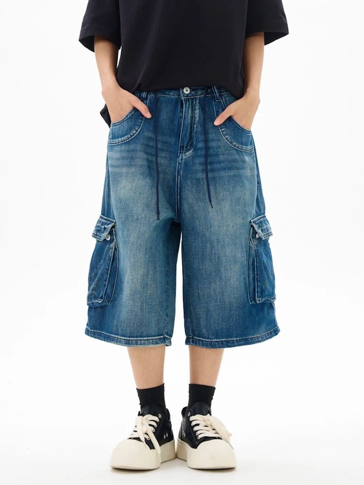 Men’s Washed Denim Cropped Pants – Loose Wide-Leg Multi-Pocket Streetwear Jeans