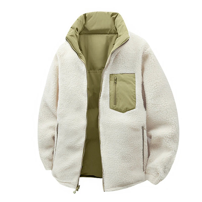Men’s Double-Sided Lambskin Winter Jacket – Thick Cotton-Padded Warm Outdoor Coat, Reversible Cold-Weather Jacket