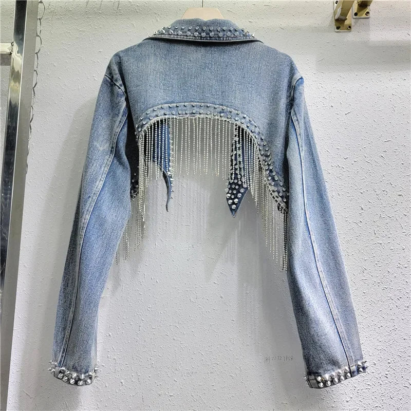 Rhinestone Beaded Tassels Rivets Denim Jacket Short Backless Jeans Coat