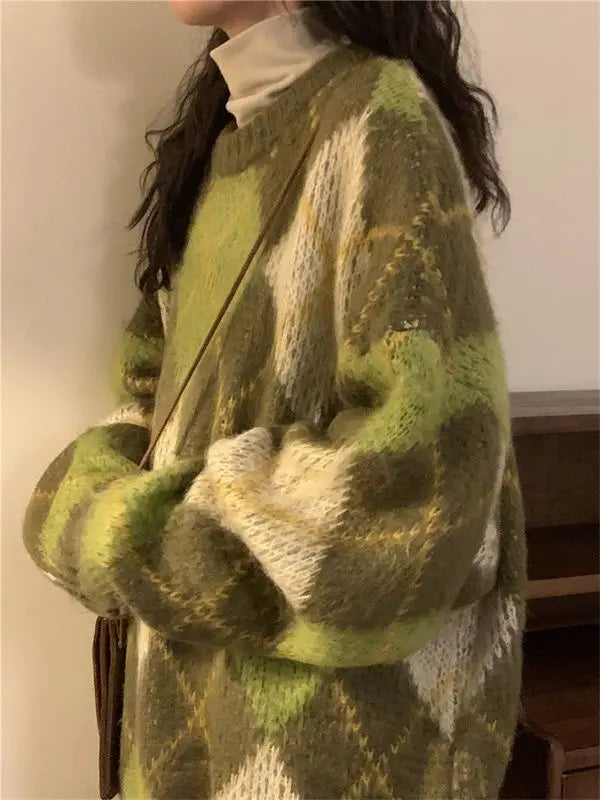 Women's Retro Argyle Pullover Sweater – Harajuku BF Style Oversized Knit