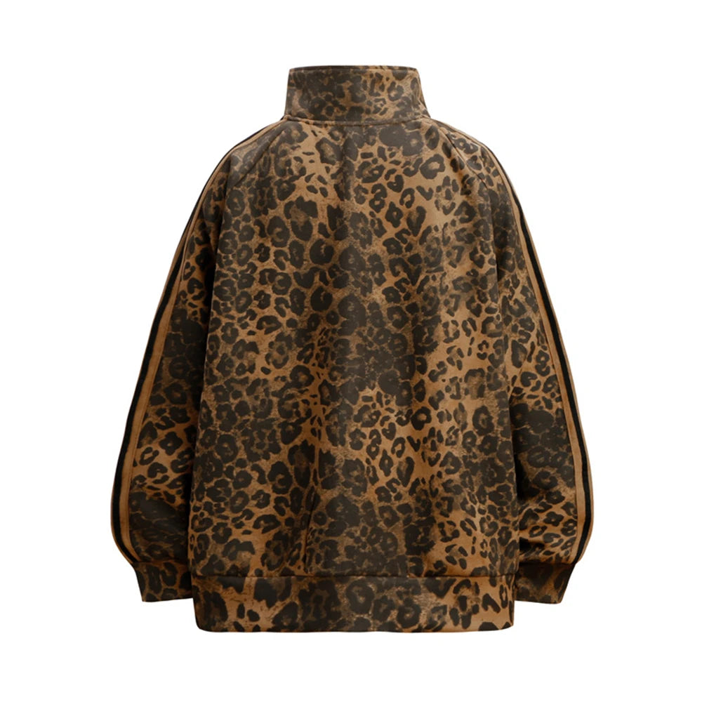 Unisex Leopard Print Suede Jacket – Vintage Stand Collar Zip-Up Coat, Harajuku Hip Hop Streetwear Outerwear