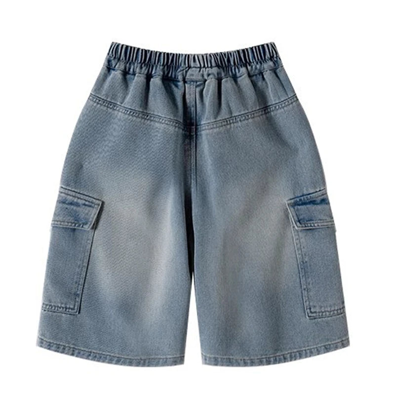 Boys’ Summer Denim Shorts – Loose Wide-Leg Knee-Length Jeans with Big Pockets | Solid Color Casual Streetwear for Kids & Teenagers