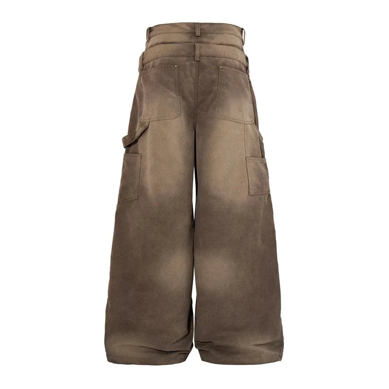 Men’s Double-Waist Cargo Jeans – Wide-Leg Baggy Washed Denim Pants | Y2K American Streetwear