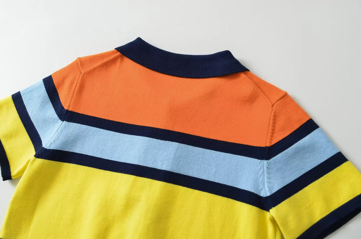 Women’s Striped Knitted Polo Shirt – Colorful Short Sleeve Summer Pullover Top