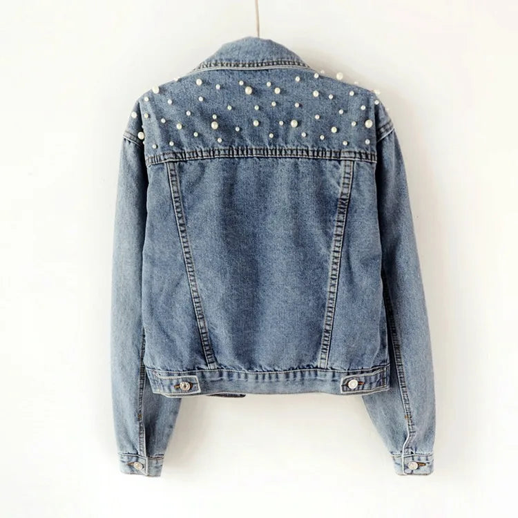 Women’s Beaded Denim Jacket – Loose Fit Embellished Winter Coat for Autumn & Winter