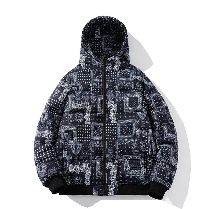 Men’s Winter Padded Jacket – Bandana Print Hooded Cotton Coat, Thick Warm Varsity Streetwear