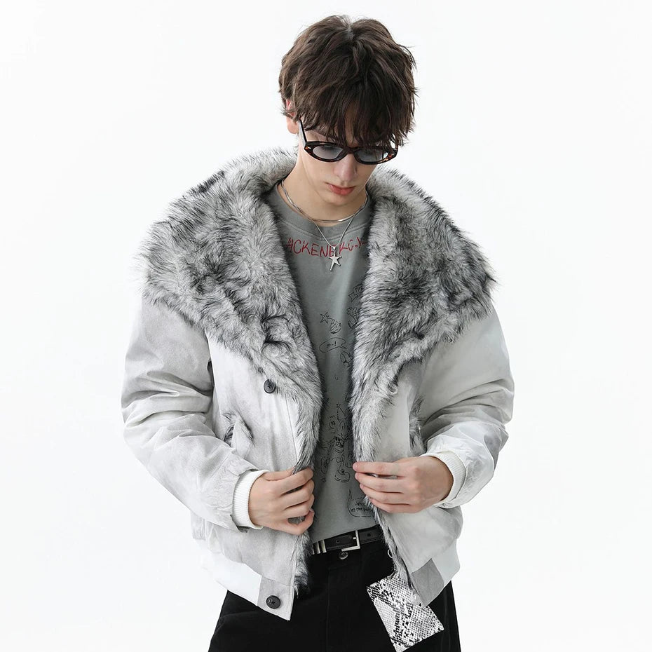 Men Winter Jackets Fur Collar Parkas Coat Vintage Oversized Fleece Warm Jackets