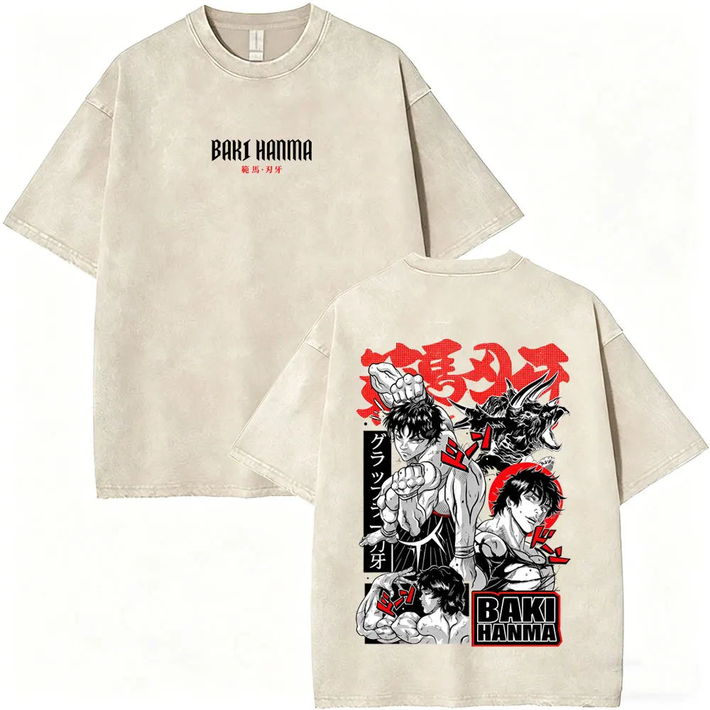 Unisex Baki Hanma Anime T-Shirt – Vintage Washed Oversized Retro Manga Cotton Tee