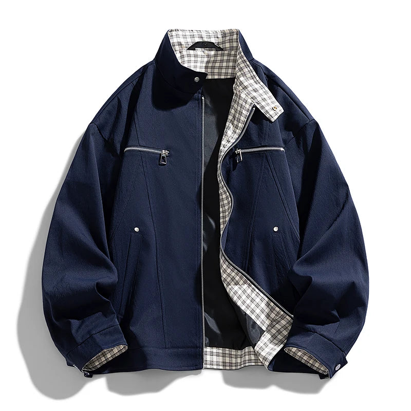 Men’s Stand Collar Jacket – Loose-Fit Solid Color Zip-Up Windbreaker, Casual Streetwear Outerwear