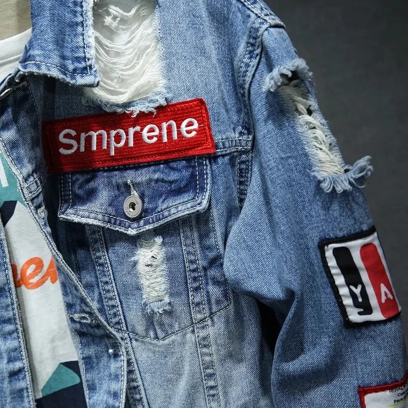 Men Brand Denim Jacket Streetwear Punk Motorcycle Ripped Male Jeans Outwear