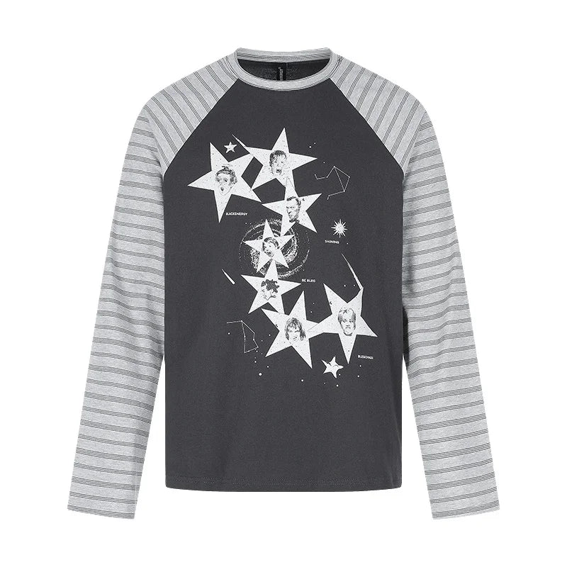 Unisex Retro American Star Print T-Shirt – Striped Patchwork Long Sleeve Cotton Streetwear Topstyle