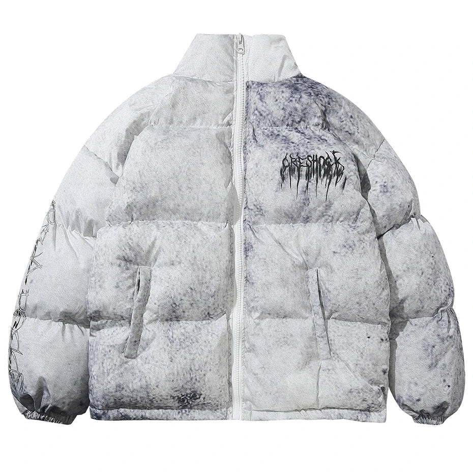 Men’s Y2K Oversized Puffer Parka – Letter Graphic Tie-Dye Winter Jacket, Warm Hip Hop Streetwear