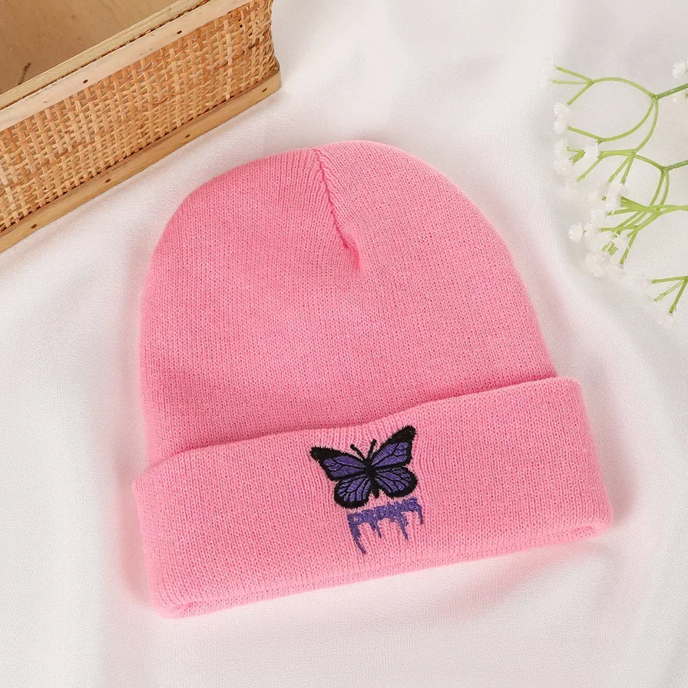 Women’s Cartoon Butterfly Knitted Beanie – Cute Crochet Winter Hat, Warm Autumn Outdoor Cap
