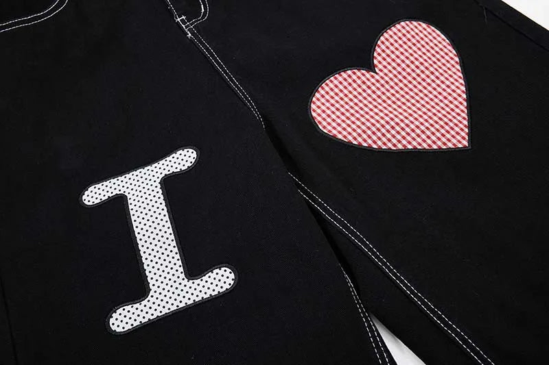 Men’s Y2K Denim Shorts – Loose-Fit Heart Embroidery Jorts with Chain Detail | Baggy Summer Streetwear