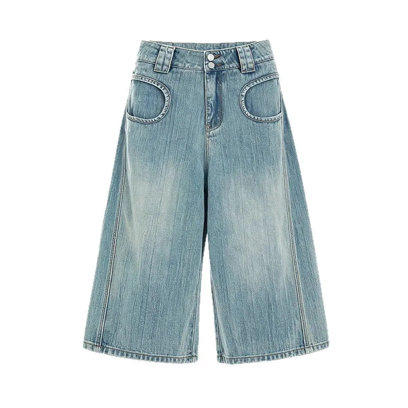 Women’s Retro Distressed Denim Jeans – High-Waist Wide-Leg Loose Fit Summer Jeans, American Vintage Streetwear
