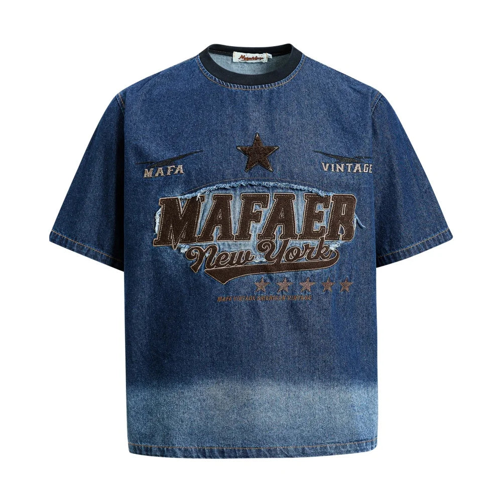 Men’s Retro Denim T-Shirt – Letter Embroidery Washed Distressed Short Sleeve Crew Neck Summer Tee