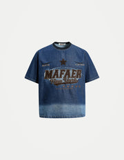 Men’s Retro Denim T-Shirt – Letter Embroidery Washed Distressed Short Sleeve Crew Neck Summer Tee
