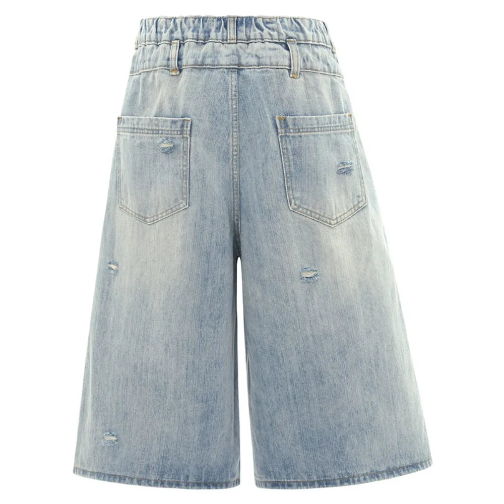 High Street Retro Double-Waist Wide-Leg Cropped Jeans – Washed Ripped Unisex Denim Pants | Streetwear
