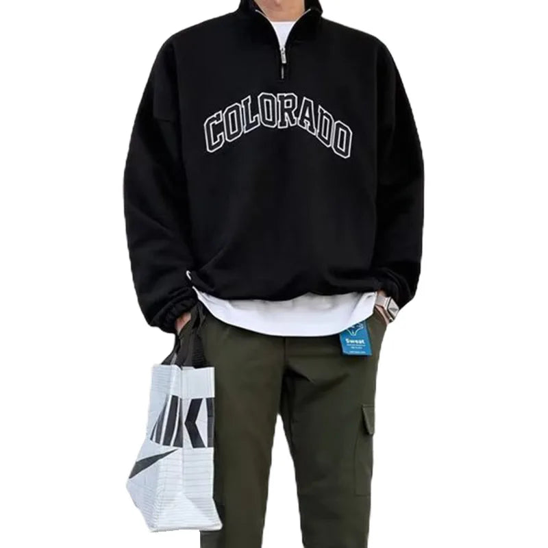 Men’s Half-Zip Sweatshirt – Letter Print Long Sleeve Streetwear Jacket for Spring & Autumn