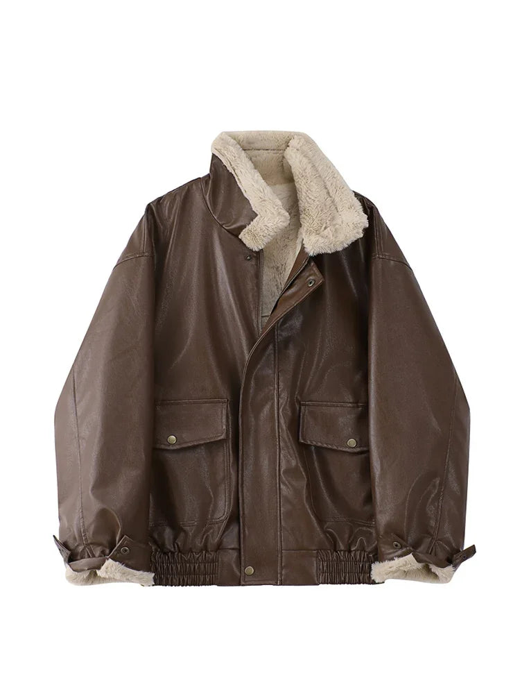 Women’s Faux Leather Fur-Lined Jacket – Warm Thick Vintage Motorcycle Coat, Long Sleeve Lapel Winter Outerwear