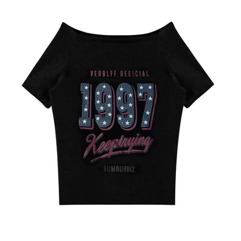 Women’s Summer Letter Print T-Shirt – American Retro Star Short Sleeve Slim Fit Streetwear Top