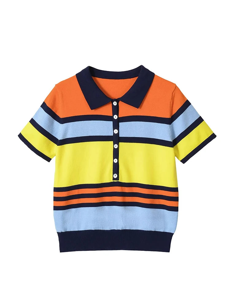 Women’s Striped Knitted Polo Shirt – Colorful Short Sleeve Summer Pullover Top