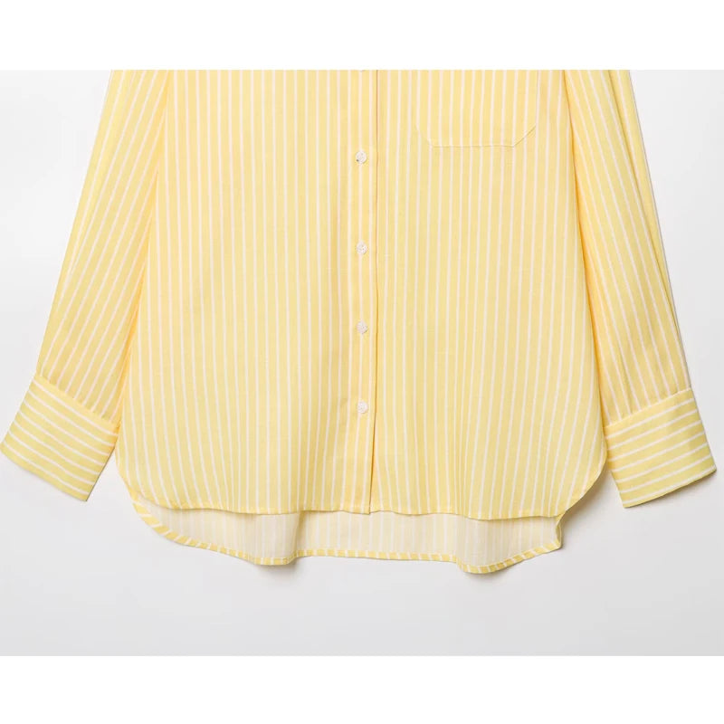 Women’s Yellow Striped Oversized Shirt – Casual Button-Up Long Blouse for Summer