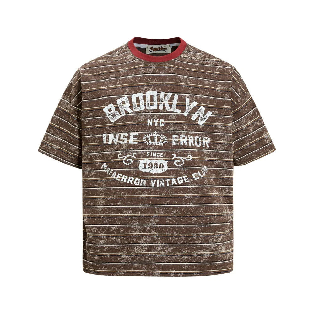 Men’s Retro Letter Print T-Shirt – Contrast Striped Cotton Crew Neck Tee