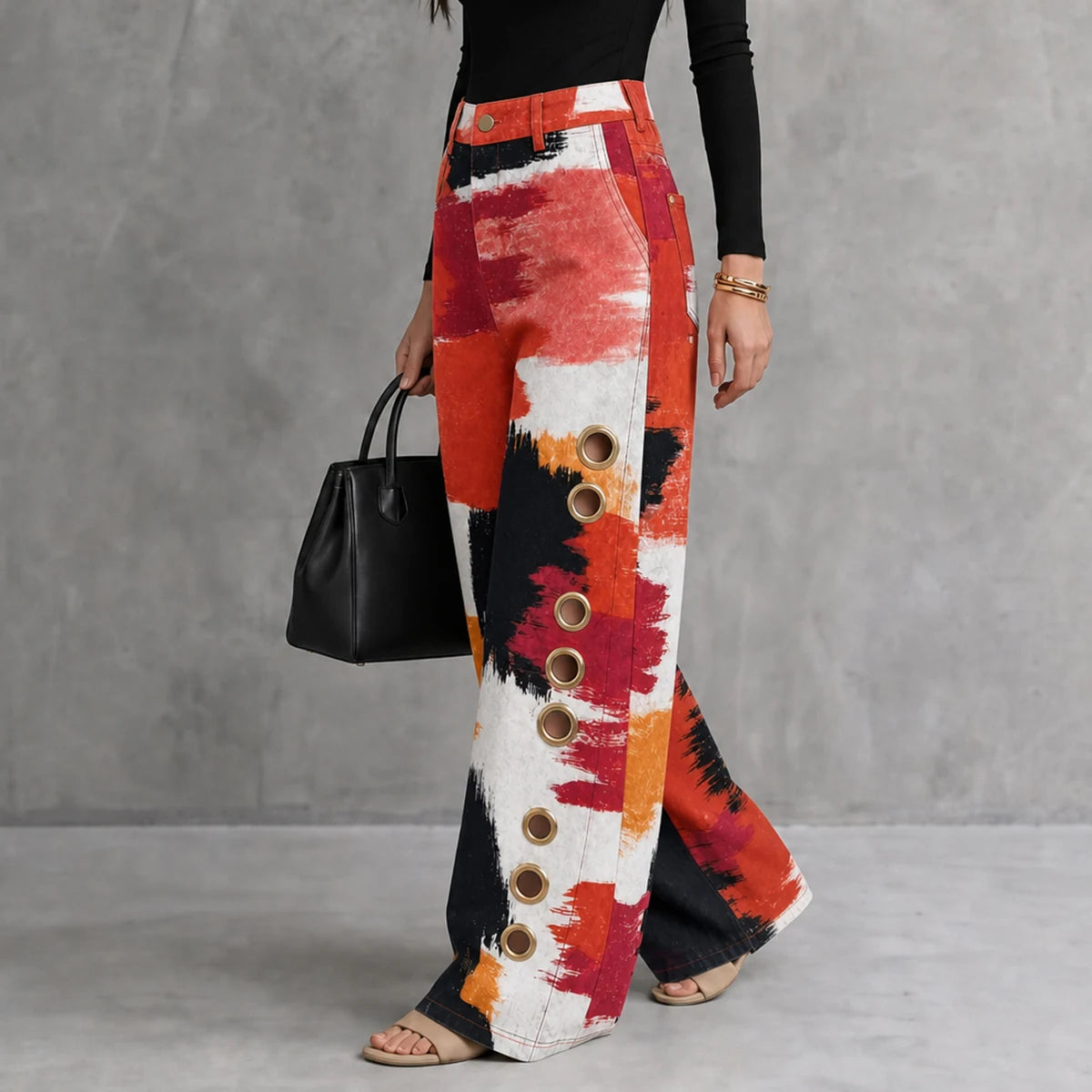 Women’s High-Waist Wide-Leg Pants – Contrast Print with Pockets