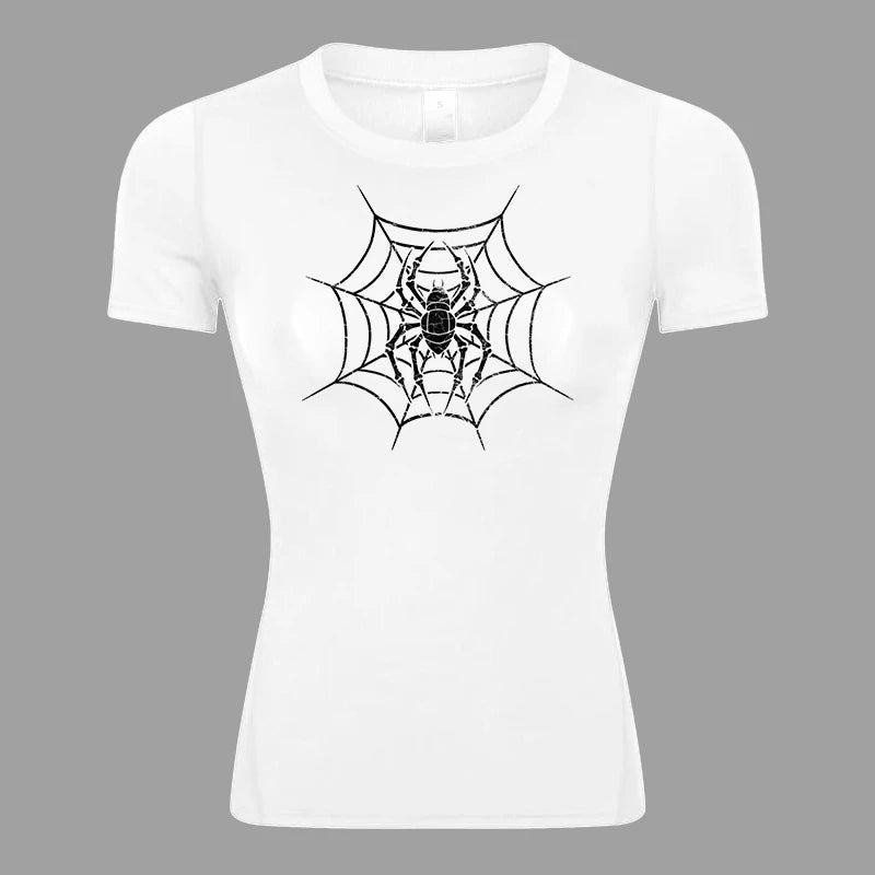 Women’s Spider Print Compression Shirt – Short Sleeve Athletic Top for Running, Gym & Yoga